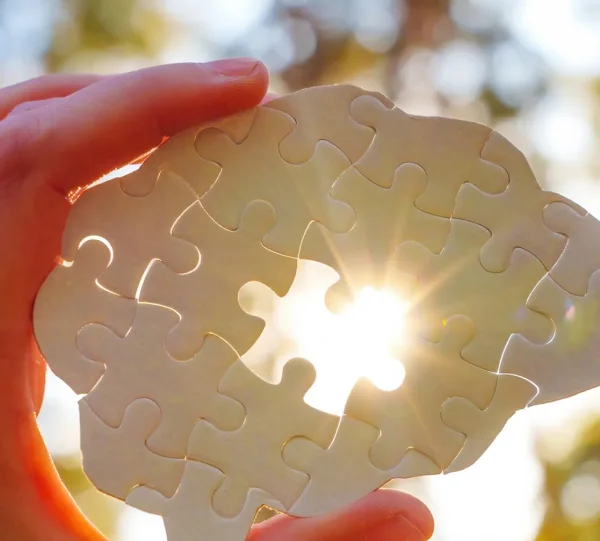A hand holds a brain-shaped jigsaw puzzle with a missing piece, allowing sunlight to shine through the gap.