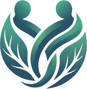 Abstract logo featuring two stylized human figures formed by intertwining green leaves, symbolizing nature, growth, and connection.