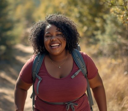 A woman with curly hair, wearing a maroon shirt and backpack, smiles while hiking on a sunlit forest trail.